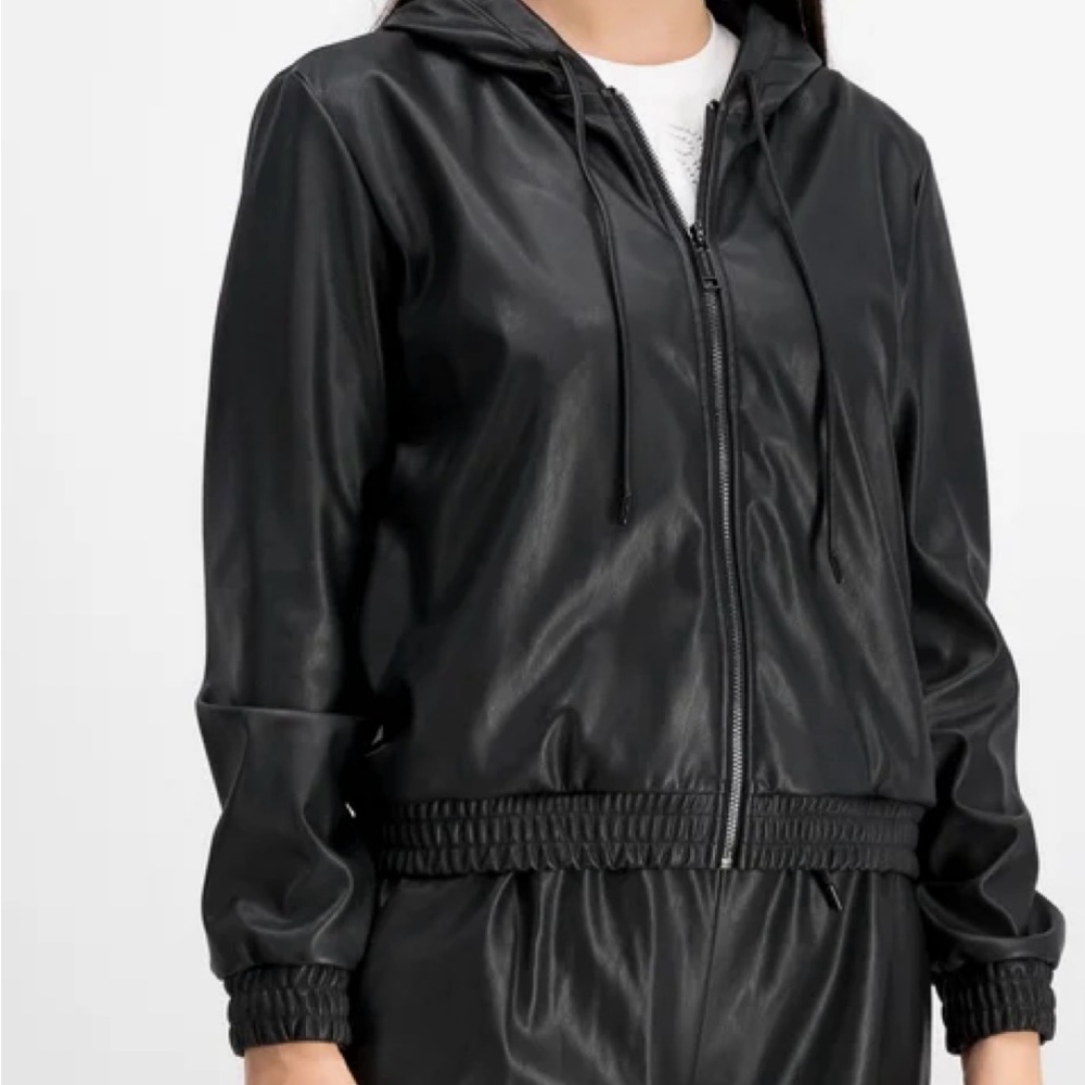 Michale Kora Faux black leather hooded jacket
